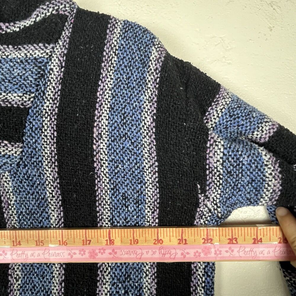 Vintage Mexican Baja Hoodie Blue Black Striped Pullover Kangaroo Pocket M - Picture 7 of 9